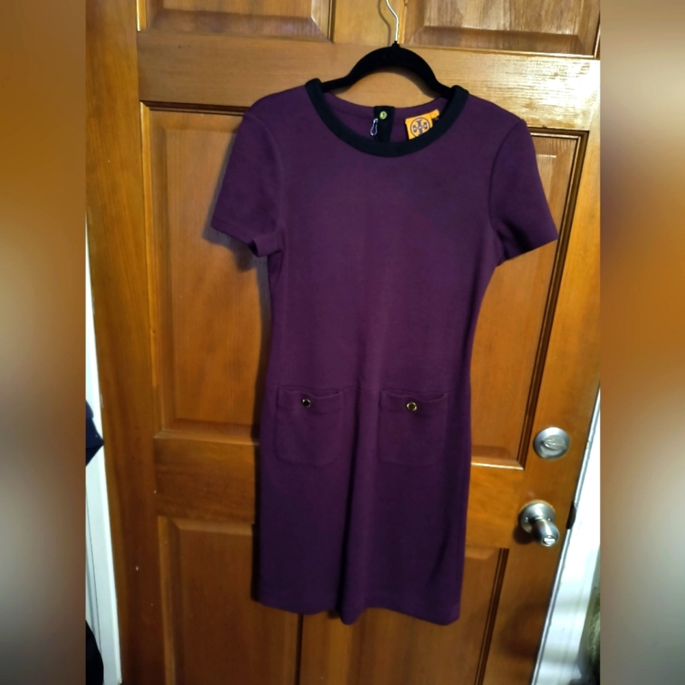 TORY BURCH ANTHEA WOMENS WOOL DRESS PLUM WITH BLACK TRIM & GOLD BUTTONS  EUC
